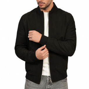 Giubbino in vera pelle di vitello scamosciata Nero-Slim Fit