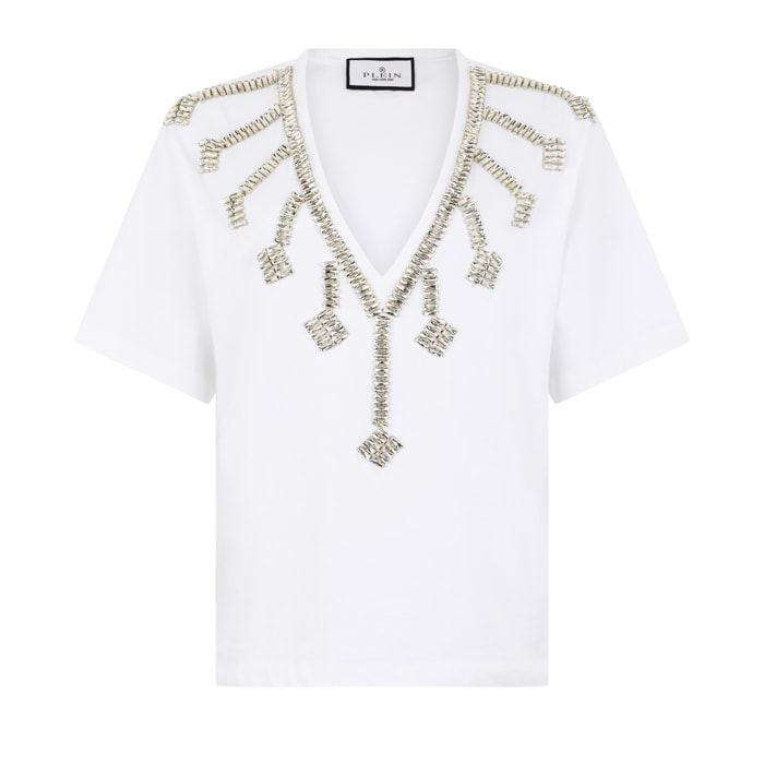 PHILIPP PLEIN V-Neck T-Shirt Crystal Fringes