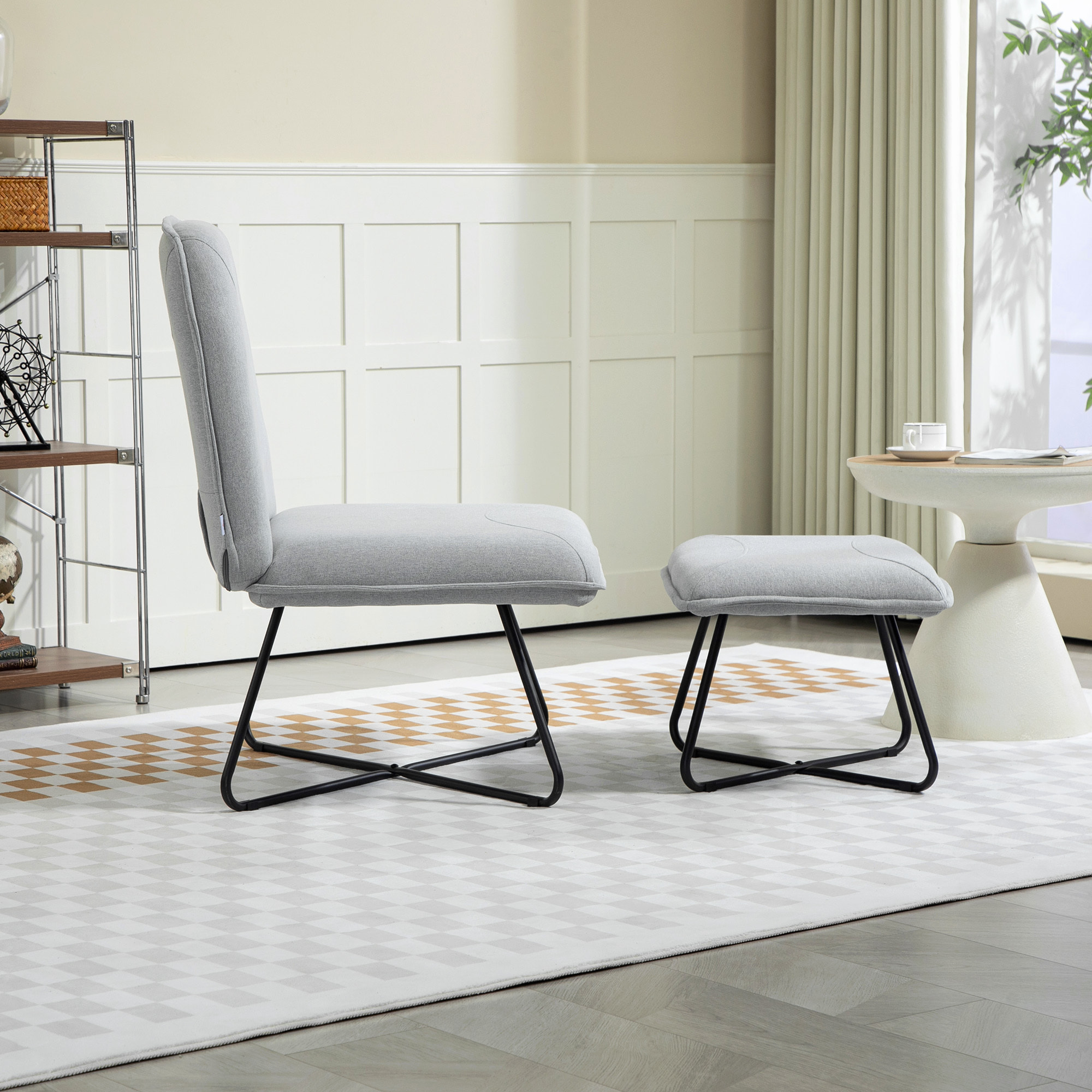 Sillón Relax Sillón de Salón con Reposapiés Butaca para Dormitorio sin Brazos con Patas de Acero en Forma de Cruz para Sala de Estar Gris Claro