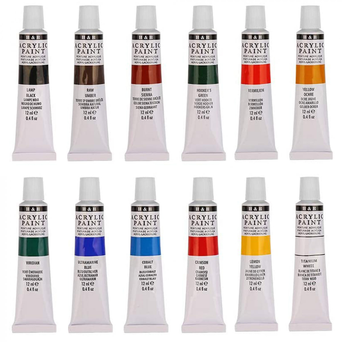 Set Pintura acrílica para lienzos 12 colores en tubo con caja de almacenamiento. Pigmentos ricos, no decoloran. No tóxicas.