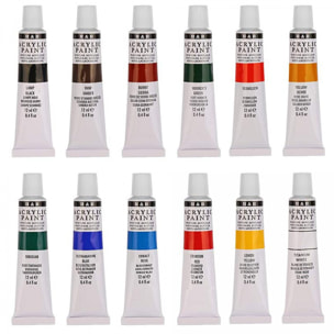 Set Pintura acrílica para lienzos 12 colores en tubo con caja de almacenamiento. Pigmentos ricos, no decoloran. No tóxicas.