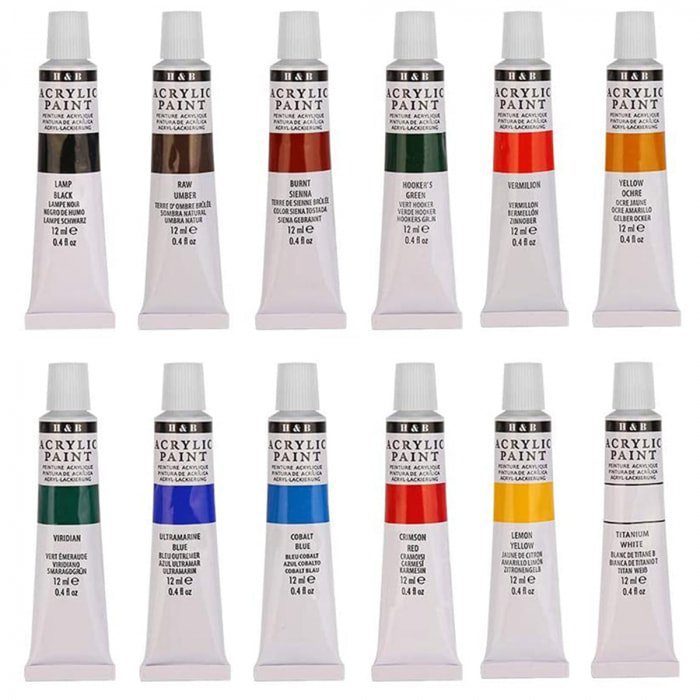 Set Pintura acrílica para lienzos 12 colores en tubo con caja de almacenamiento. Pigmentos ricos, no decoloran. No tóxicas.