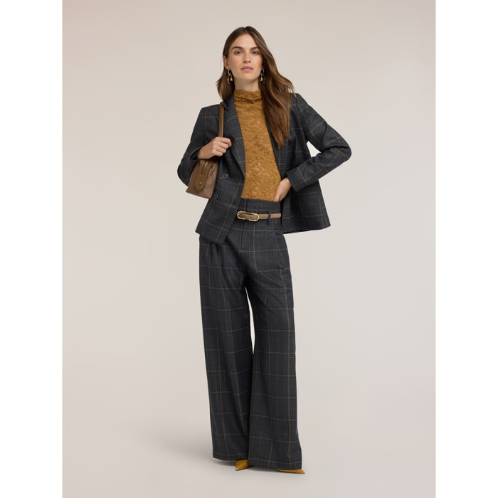 Motivi - Pantaloni palazzo a vita alta con fantasia check - Grigio