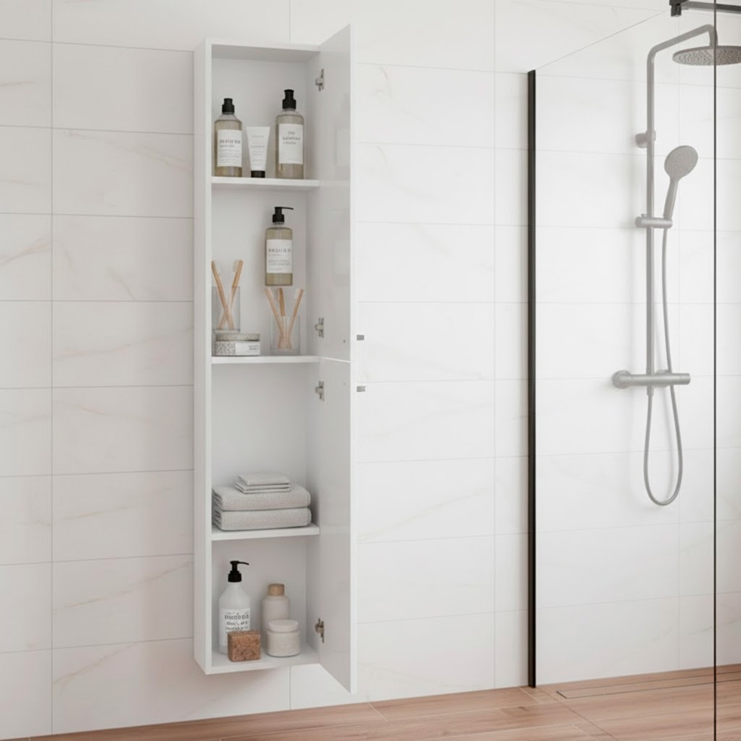 Mobile Bagno Sospeso Armadietto A Colonna Armadio Pensile Sospesa 2 Ante 4 Ripiani Elegante Minimal 30 x 25.5 x 150 cm Bianco Lucido Laccato
