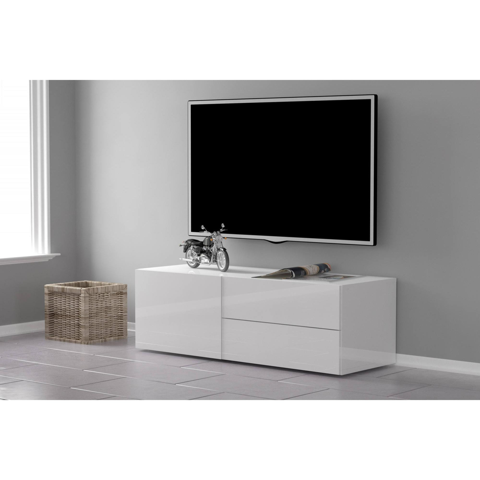 Mobile da soggiorno Porta TV, Made in Italy, Supporto per TV da salotto a 1 anta e 2 cassetti, cm 110x40h35, colore Bianco lucido