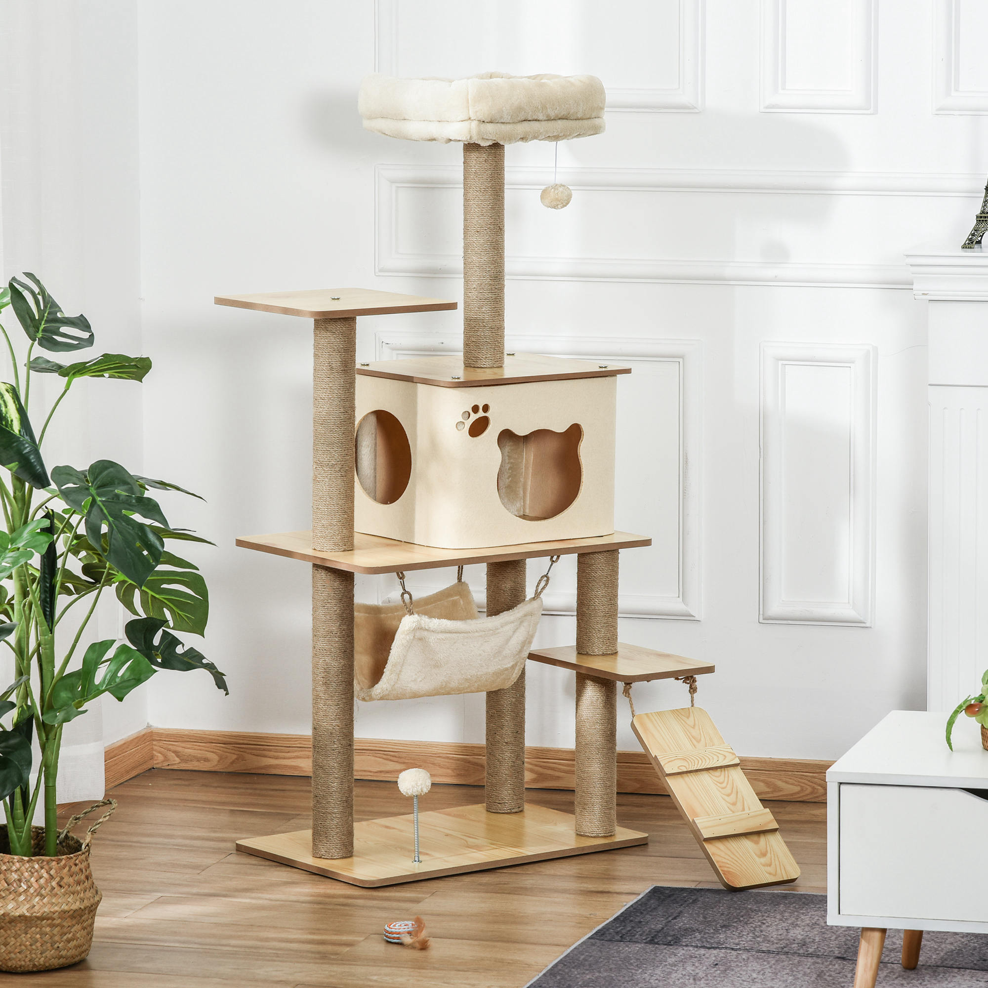árbol Rascador para Gatos Torre de Escalada con Plataformas Hamaca Escalera Cueva Postes para Rascar de Yute Bola Colgante Juego y Descanso 60x40x130 cm Beige