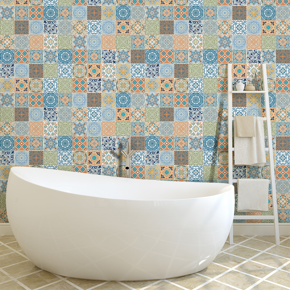 Stickers muraux - Sticker Mural Carrelage adhésif Cuisine Salle de Bain - 60 STICKERS CARREAUX DE CIMENT AZULEJOS DONITONIO