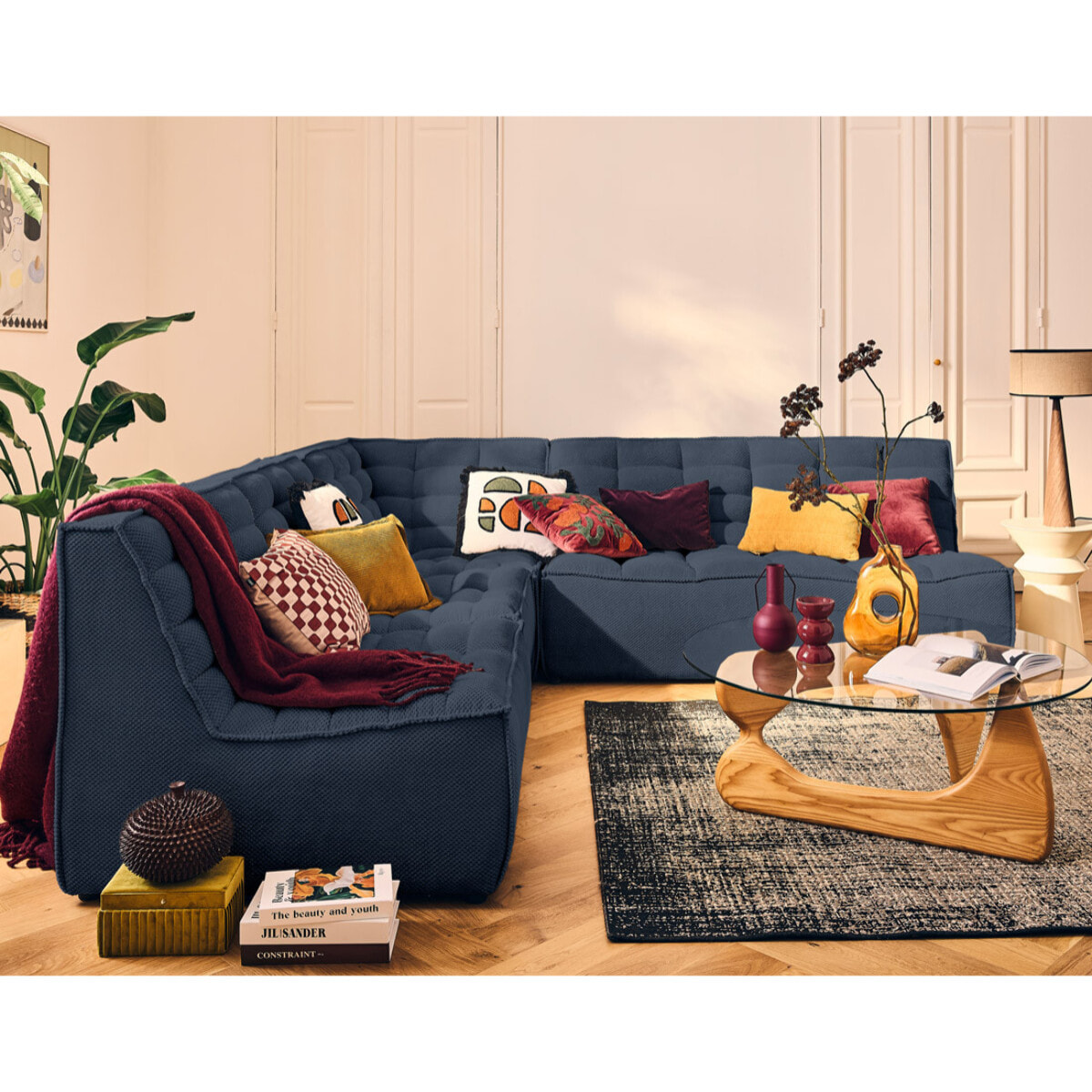 Ellie - canapé modulable d'angle réversible 5 places en velours texturé - Bleu marine