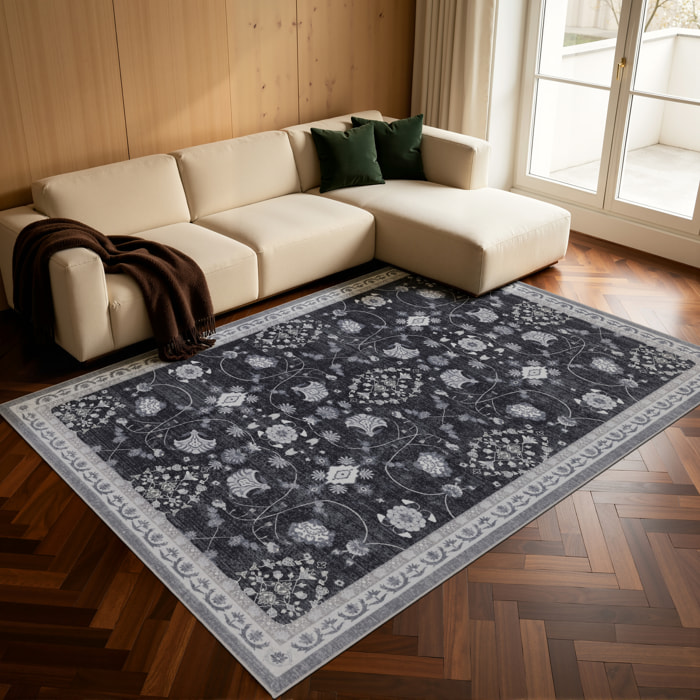 INKA - Tapis noir à poils courts doux à motif floral vintage