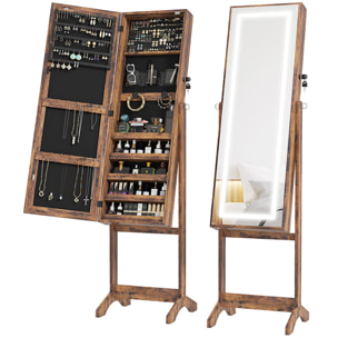 Armoire à bijoux sur pied multi-rangement avec miroir LED MDF effet bois vieilli