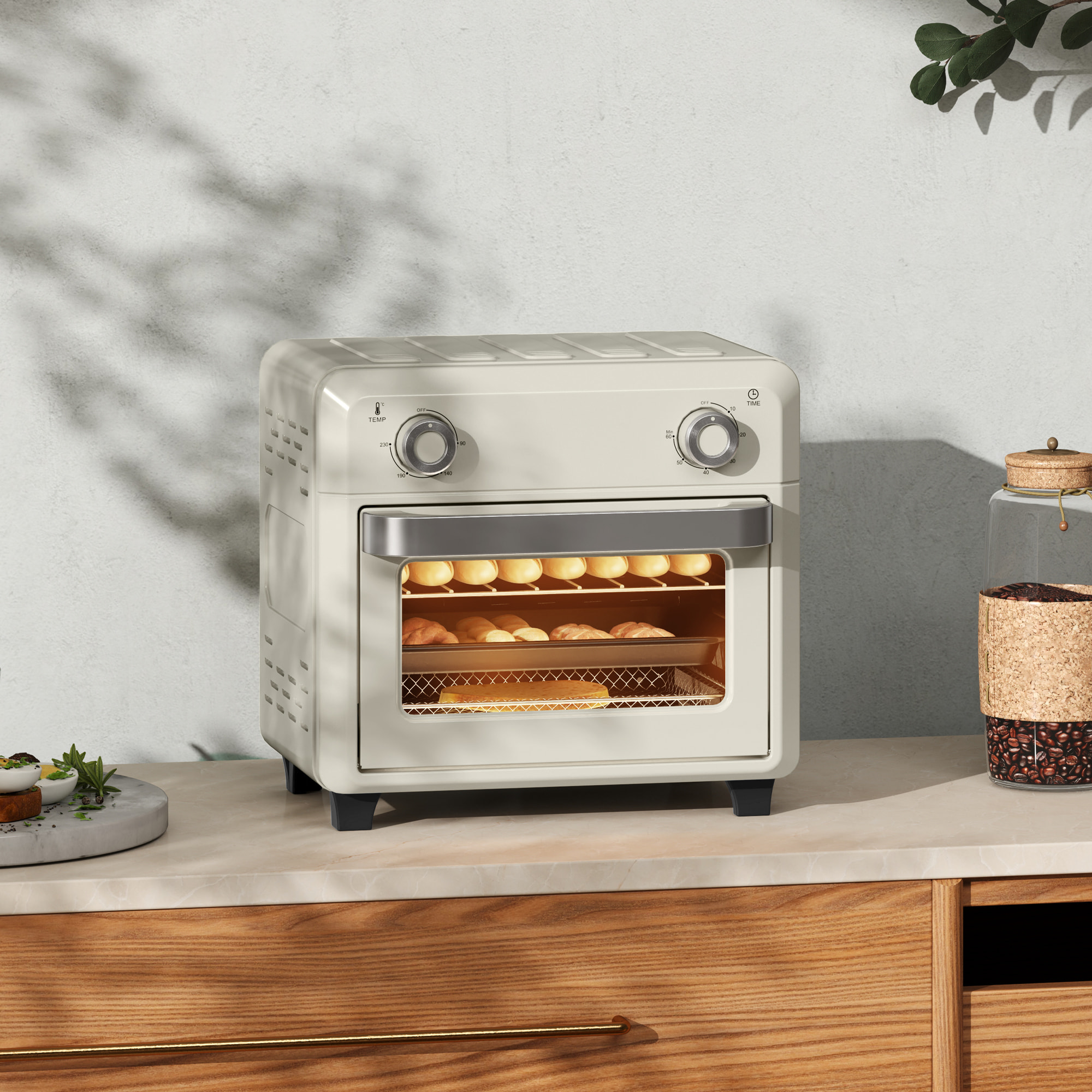 Friteuse à air mini four 1 000W 10L 80°C-230°C timer 5 accessoires inclus crème