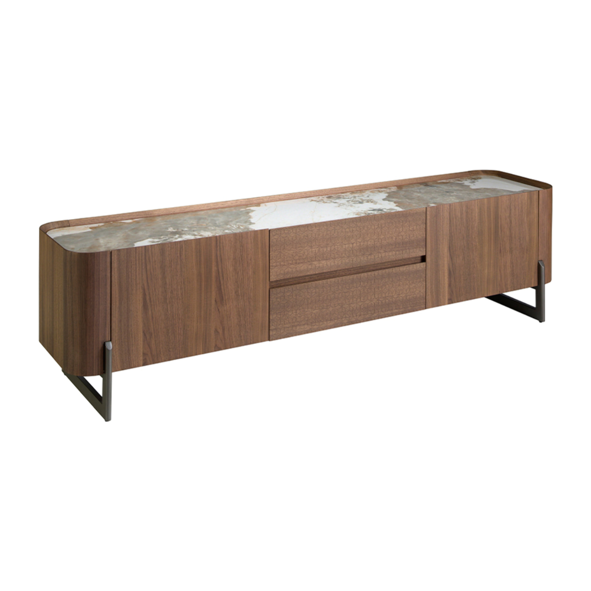 Mueble TV de madera chapada en nogal natural y patas de acero inoxidable oscuro metalizado tapa de mármol porcelánico blanco con vetas en tonalidades grises y marrones en brillo 200x45x52cm