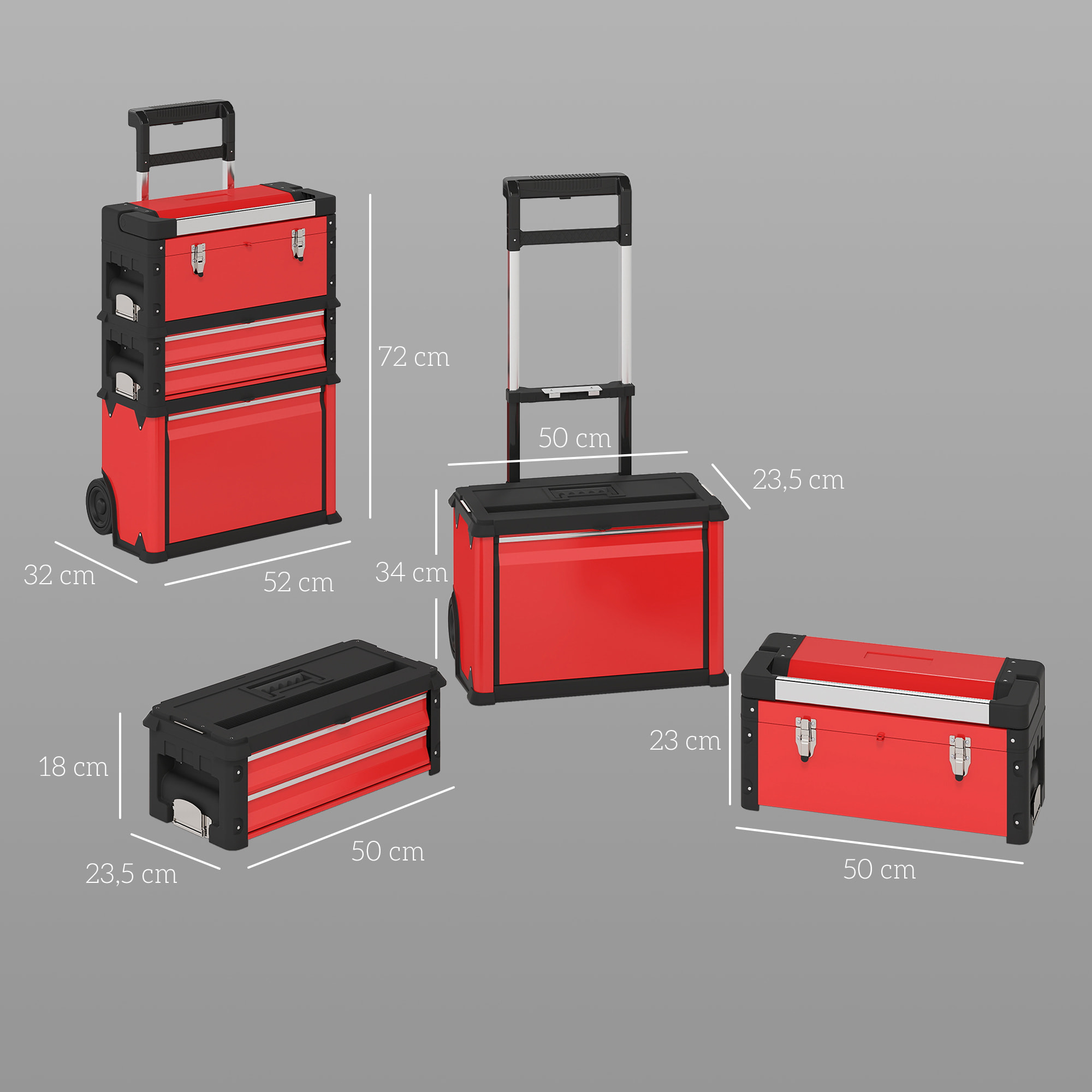 Servante d'atelier - servante outillage 3en1 - 2 boîtes à outils compactes + coffre - acier PP rouge noir