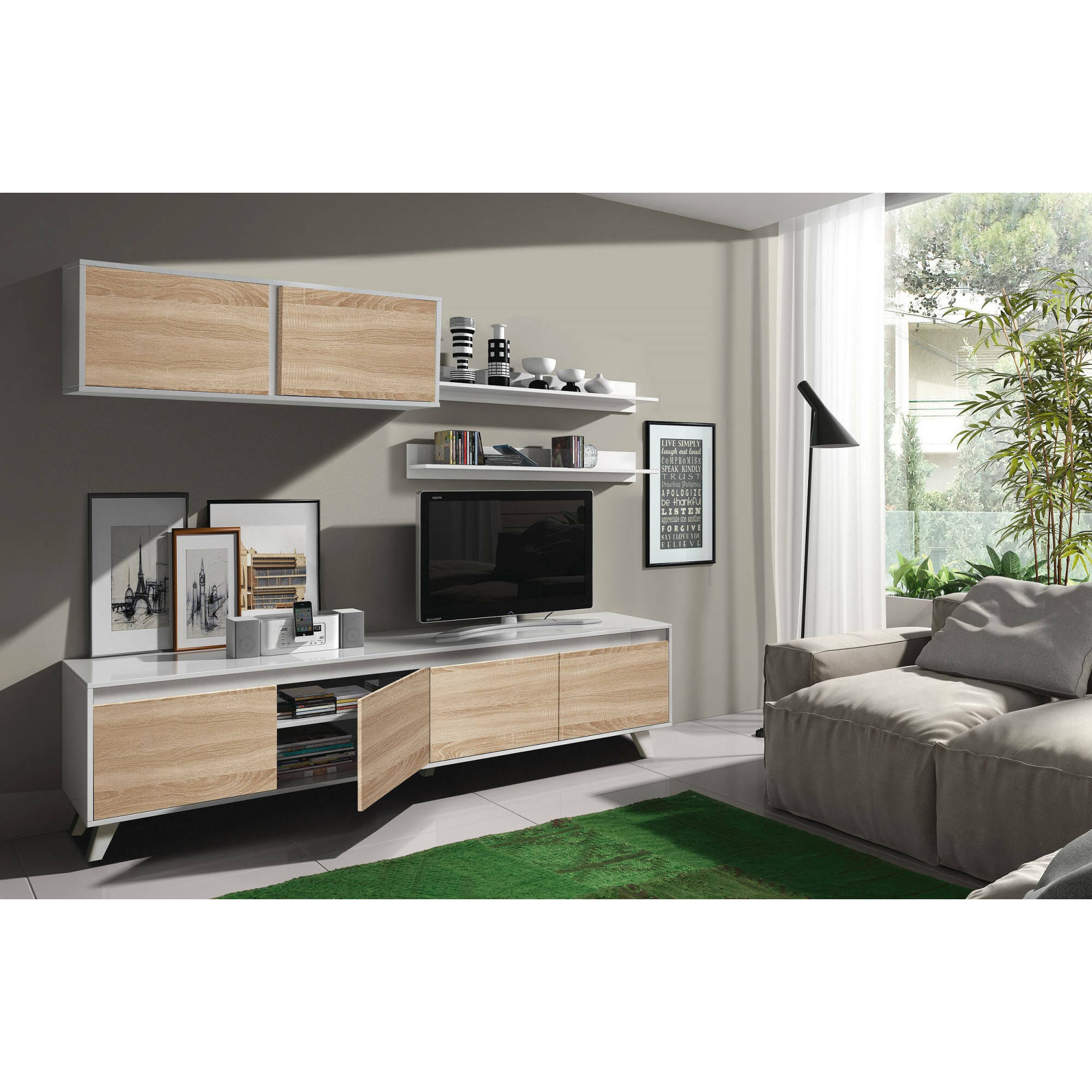 Parete attrezzata Orlando, Mobile da soggiorno porta TV, Composizione per salotto con pensile e mensola, cm 200x50h41, Bianco e Rovere