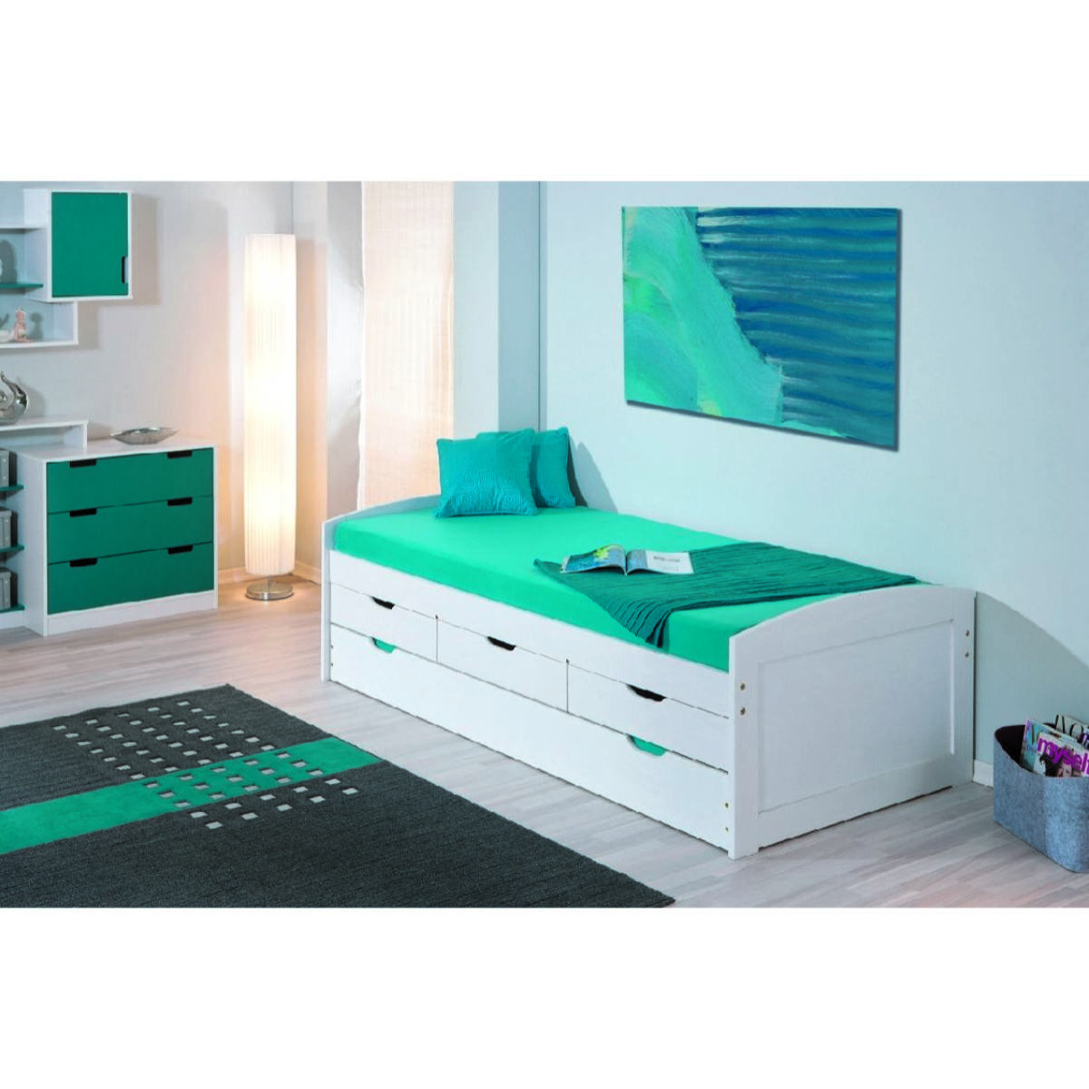 Letto singolo con letto estraibile inferiore e tre cassetti, colore bianco, cm 98 x 63 x 195