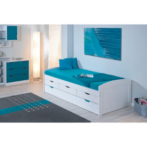 Letto singolo con letto estraibile inferiore e tre cassetti, colore bianco, cm 98 x 63 x 195