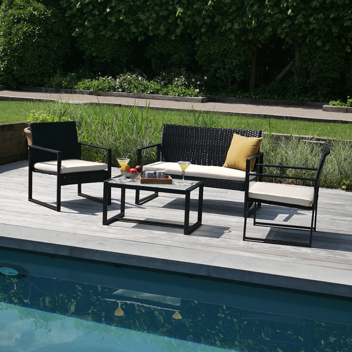 Salon de jardin MAJORQUE en résine tressée noir 4 places - coussins ivoire