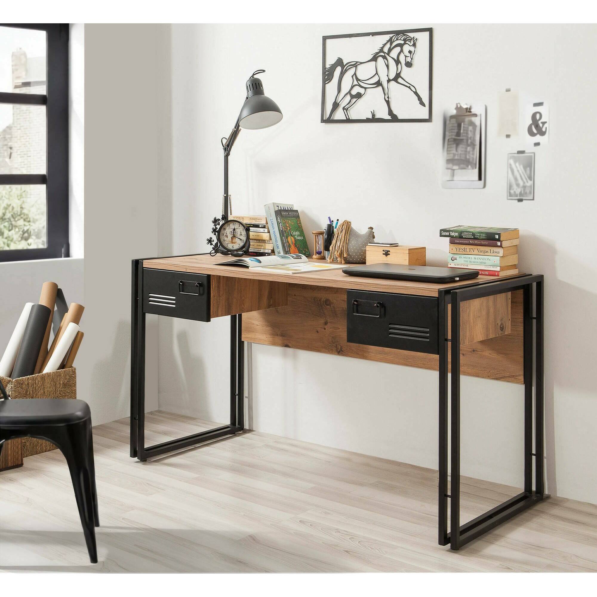Scrivania Grimilde, Scrittoio multiuso, Tavolo per ufficio porta PC, Piano di lavoro, 139x60h75 cm, Quercia e Nero