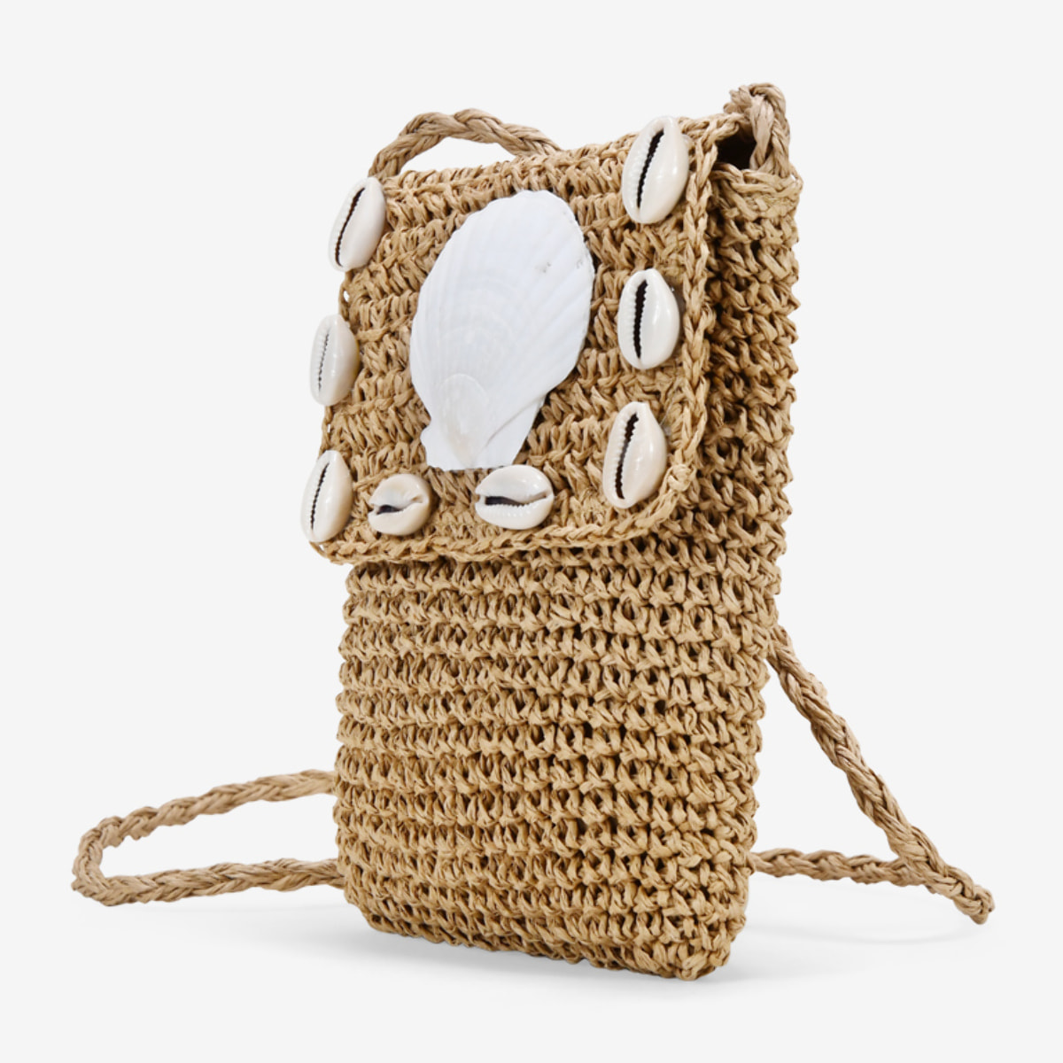 Bolso para móvil marrón en rafia con conchas