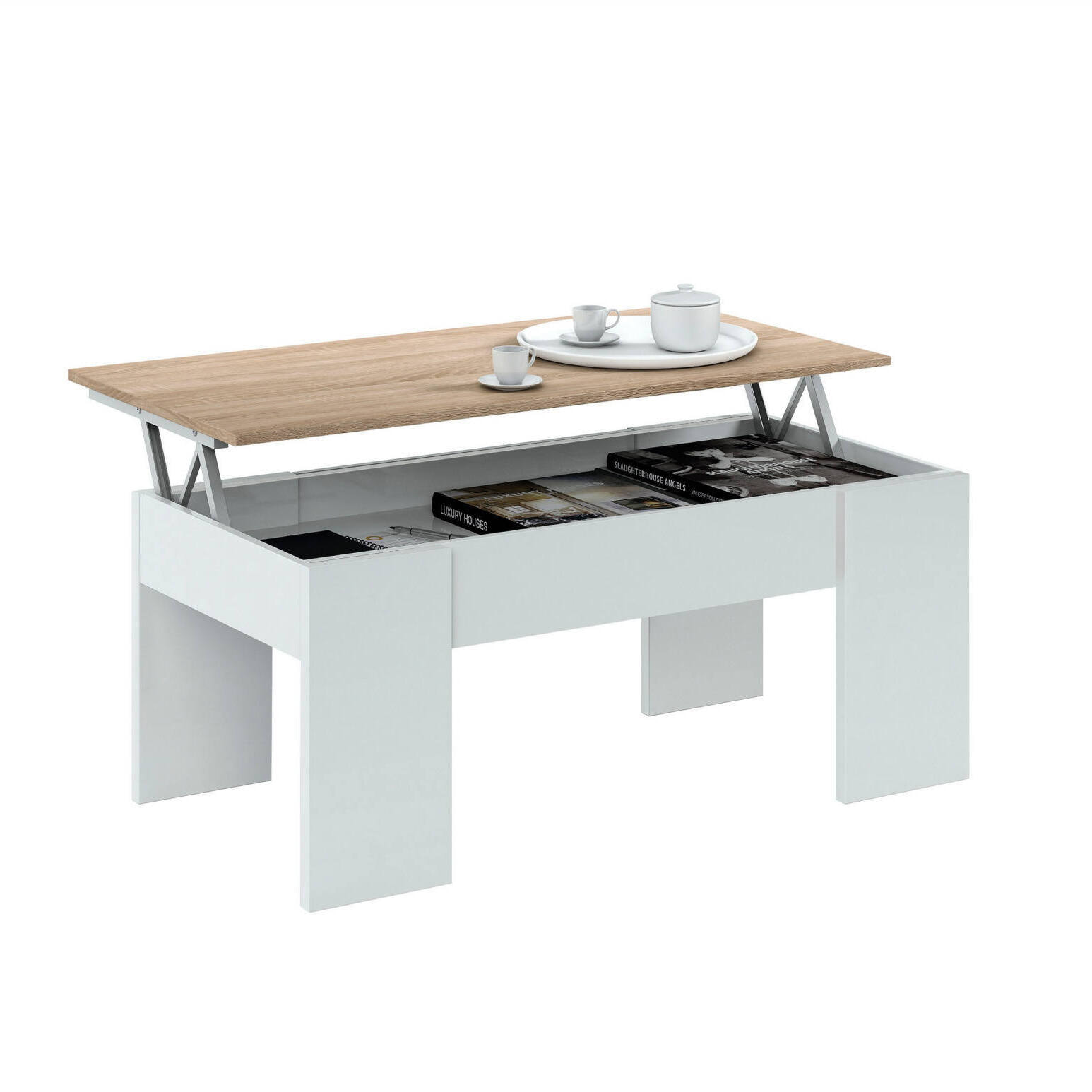 Tavolino da salotto Oceanside, Tavolino da caffè con piano elevabile, Tavolo basso da soggiorno, cm 100x50h45/56, Bianco e Rovere