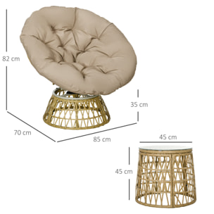 Ensemble salon de jardin 3 pièces - 2 fauteuils papasan, table basse - coussins taupe - résine tressée aspect rotin