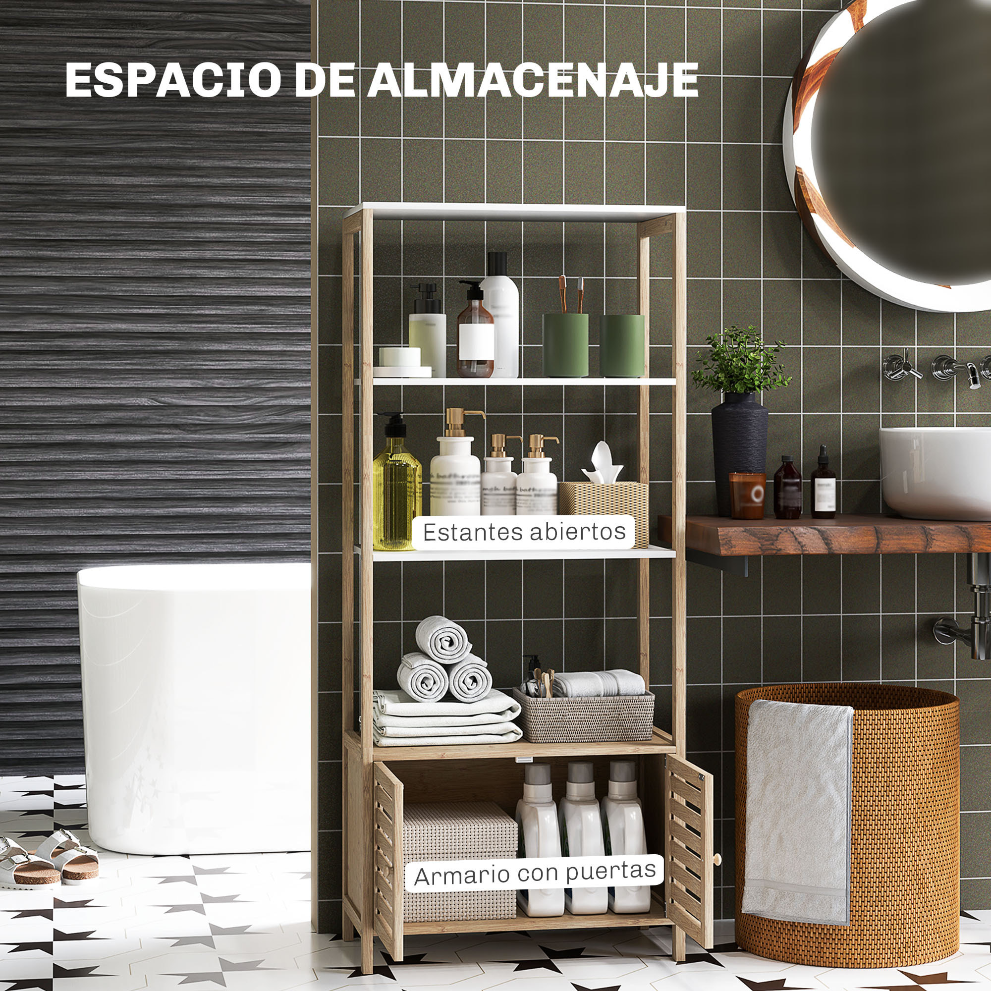 Estantería de Baño de Bambú con 3 Estantes Abiertos Estantería de Almacenaje con Puertas de Lamas 63x30x138 cm Natural y Blanco