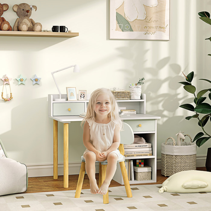 Juego de Escritorio y Silla para Niños de +3 Años Pupitre Infantil con Cajones Compartimento y Estantes para Dormitorio Sala Estudio Verde y Blanco