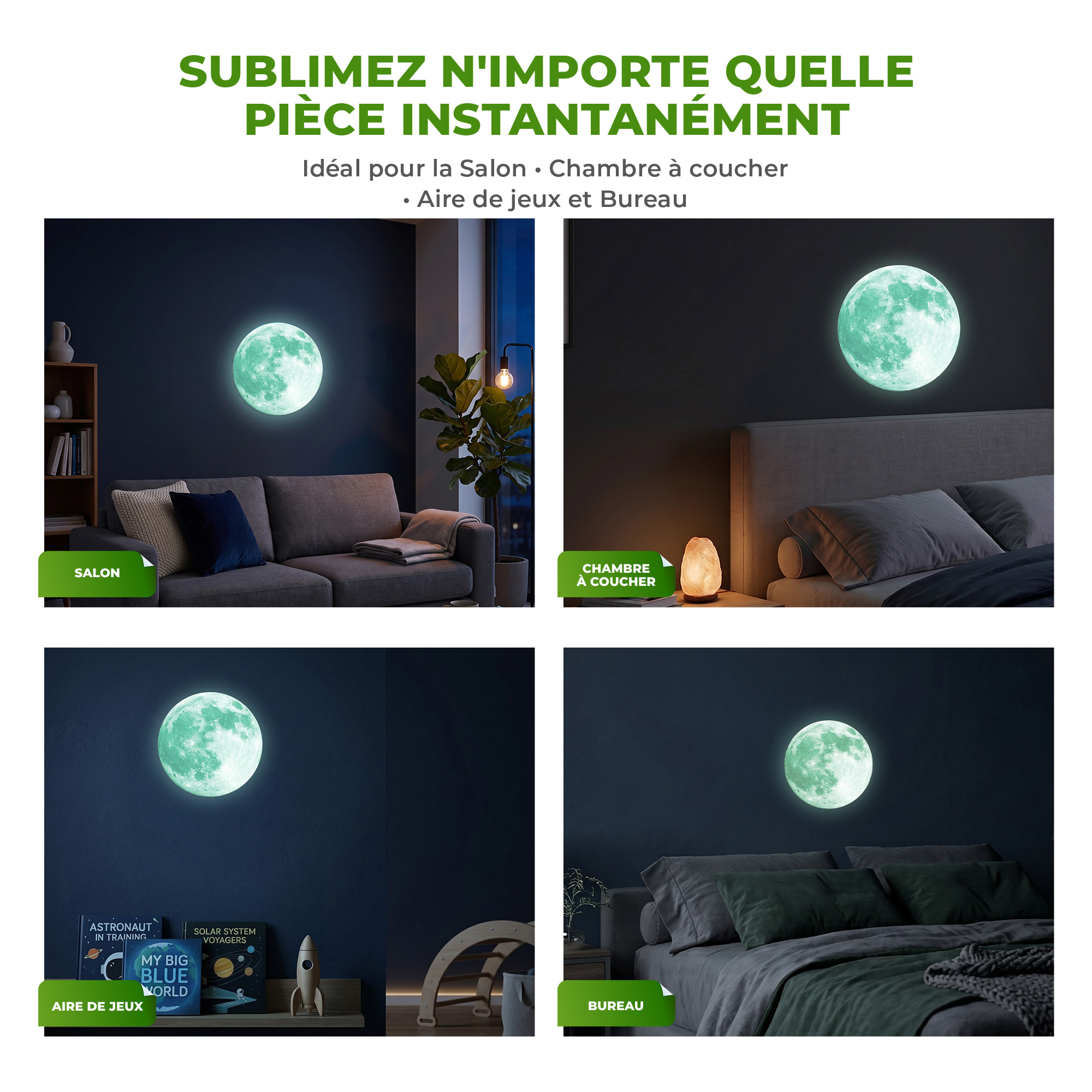 Stickers Muraux décoration adhésifs Lune phosphorescente rose 30 cm