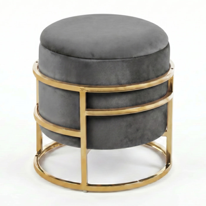Pouf Contenitore Rotondo in Velluto con Coperchio e Base in Acciaio Dorata, Seduta Imbottita con Vano Contenitore dallo Stile Elegante per Soggiorno, Camera da Letto e Ingresso