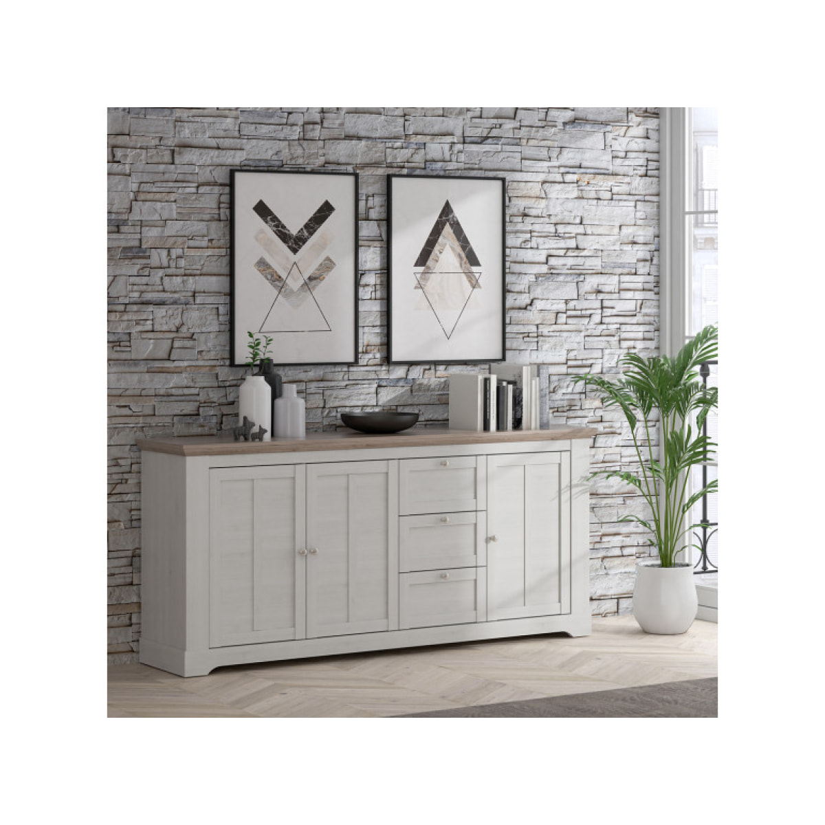 Buffet en bois effet chêne clair blanchi L204cm - ILONA