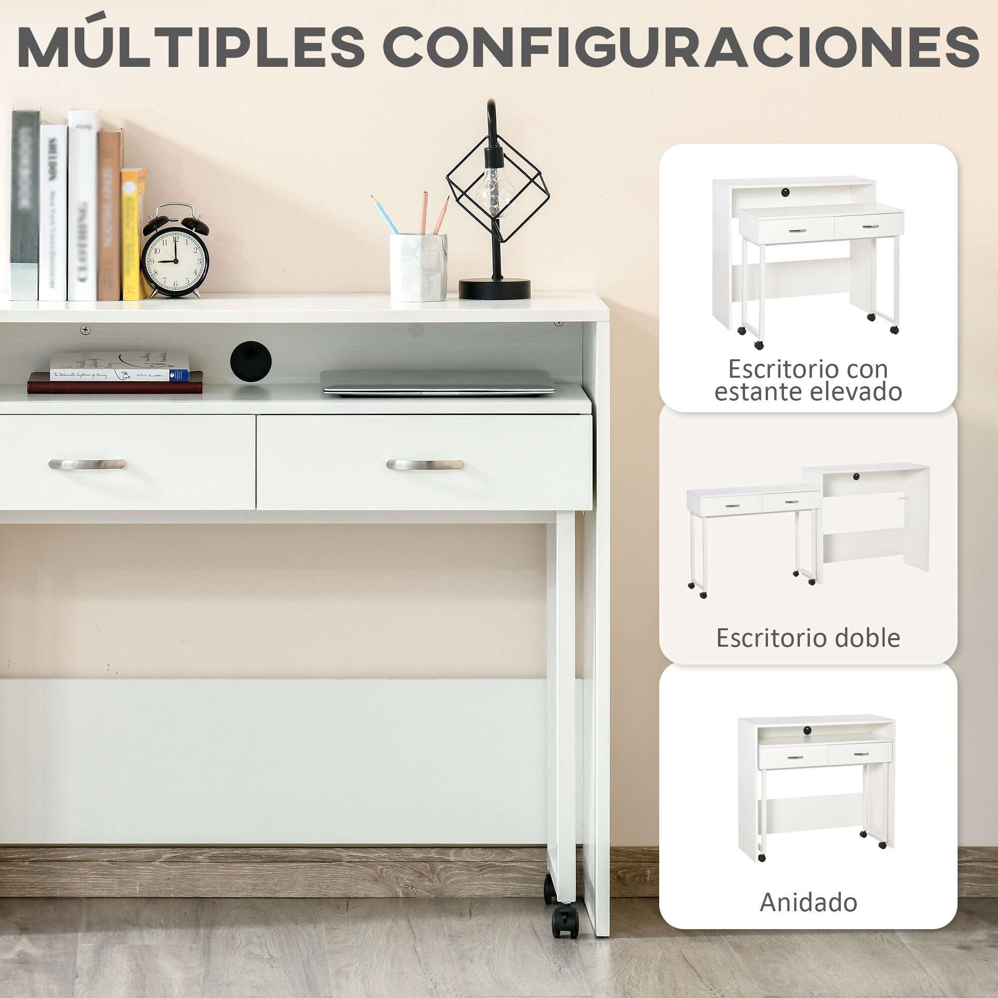 Escritorios Apilables Conjunto de 2 Mesas Escritorio para Ordenador Portátil con Ruedas 2 Cajones para Oficina 100x36x88 cm Blanco
