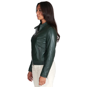 Giacca biker in pelle naturale verde effetto liscio