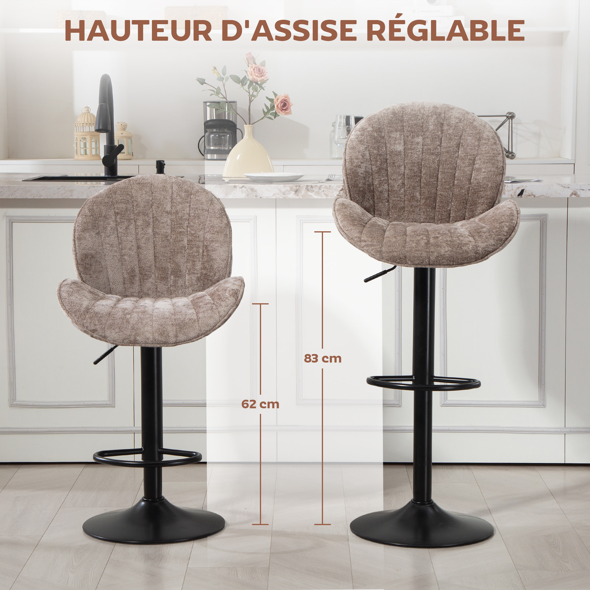 Lot de 2 tabourets de bar design coquillage pivotants réglables acier noir tissu chenille marron