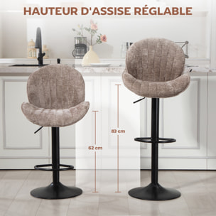 Lot de 2 tabourets de bar design coquillage pivotants réglables acier noir tissu chenille marron