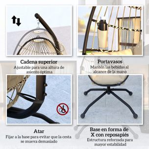 Silla Colgante Huevo con Soporte Columpio Jardín Exterior con Cesta Plegable Cojín y Reposacabezas Portavaso Columpio Colgante para Interior y Exterior Carga 120 kg Caqui