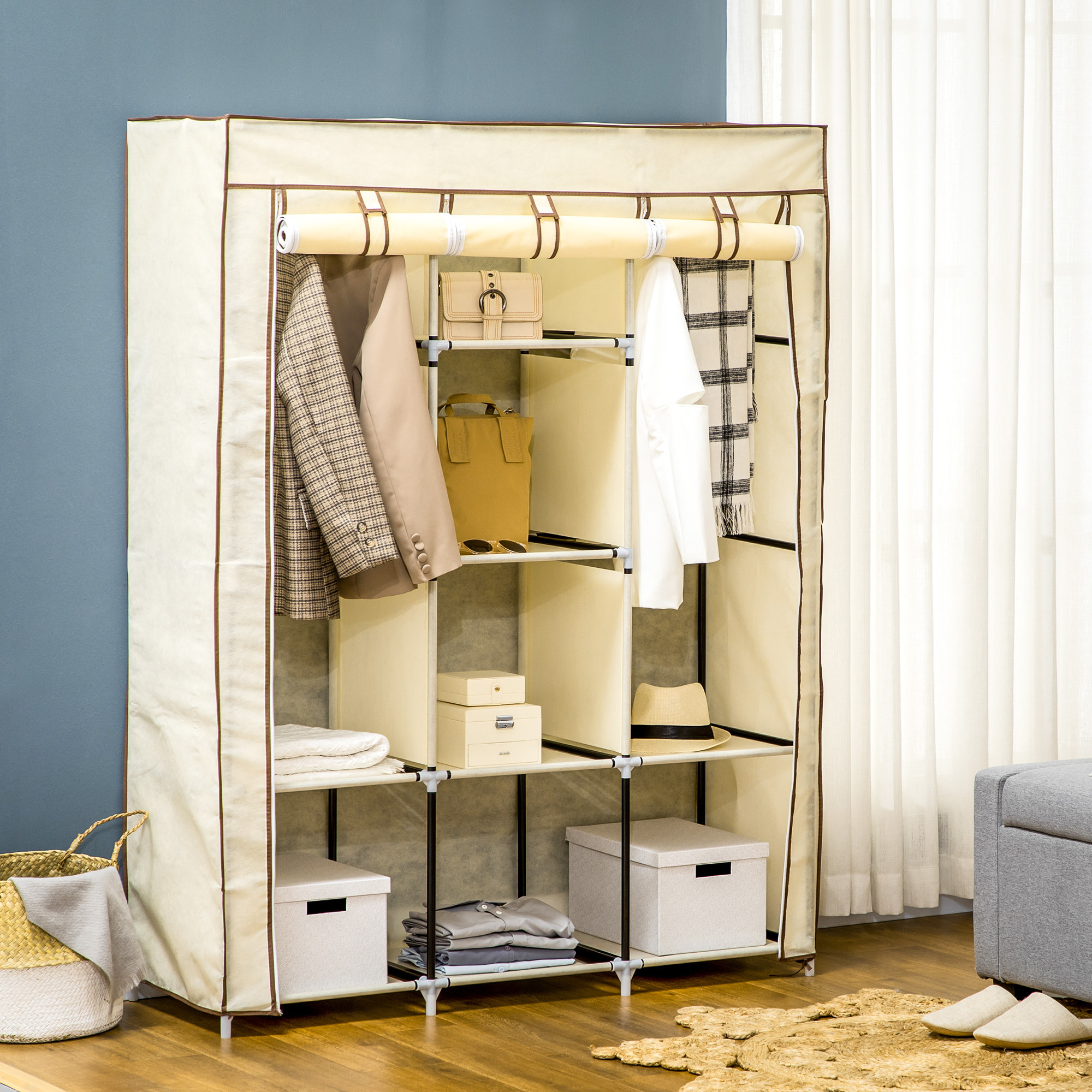 HOMCOM Armario de Tela Plegable Armario Portátil con 8 Estantes de Almacenaje y 2 Barras para Colgar Organizador de Ropa para Dormitorio Vestidor 125x43x162,5 cm Crema