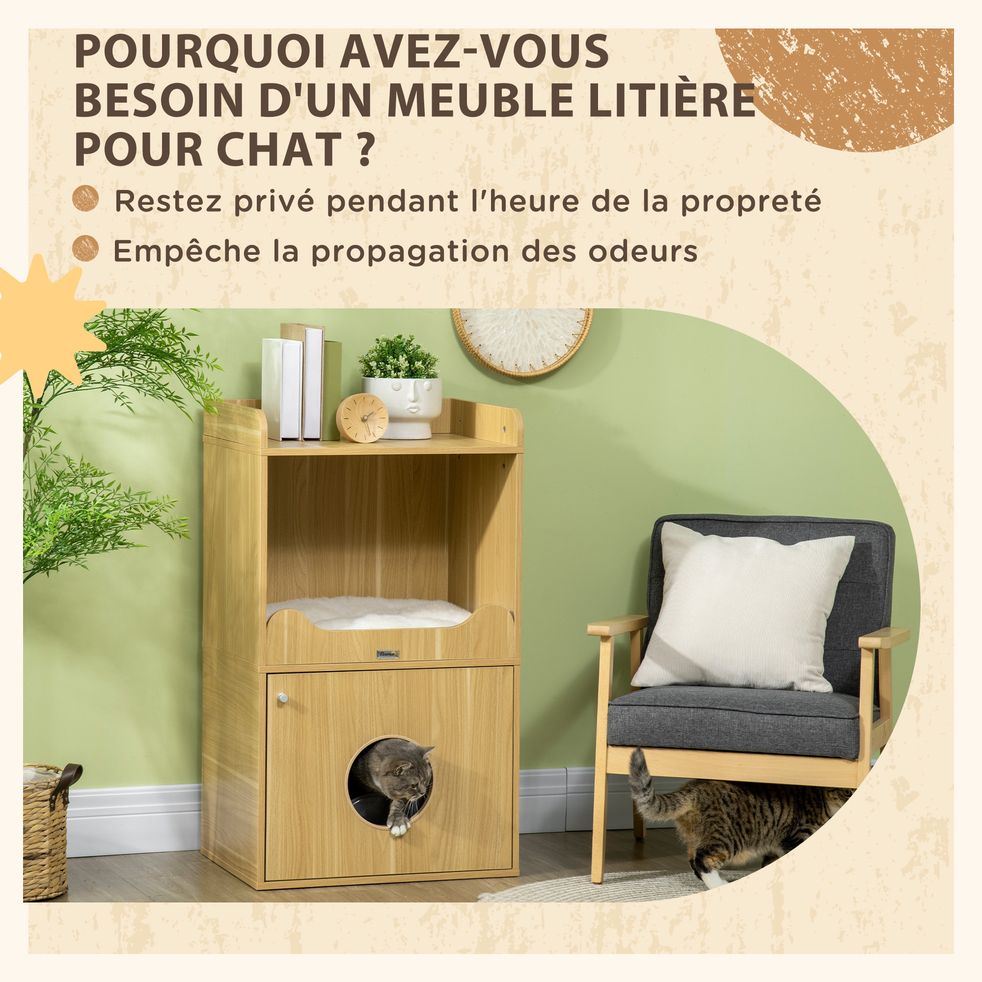 Maison de toilette chat - porte, niche avec coussin, plateau - panneaux aspect bois clair