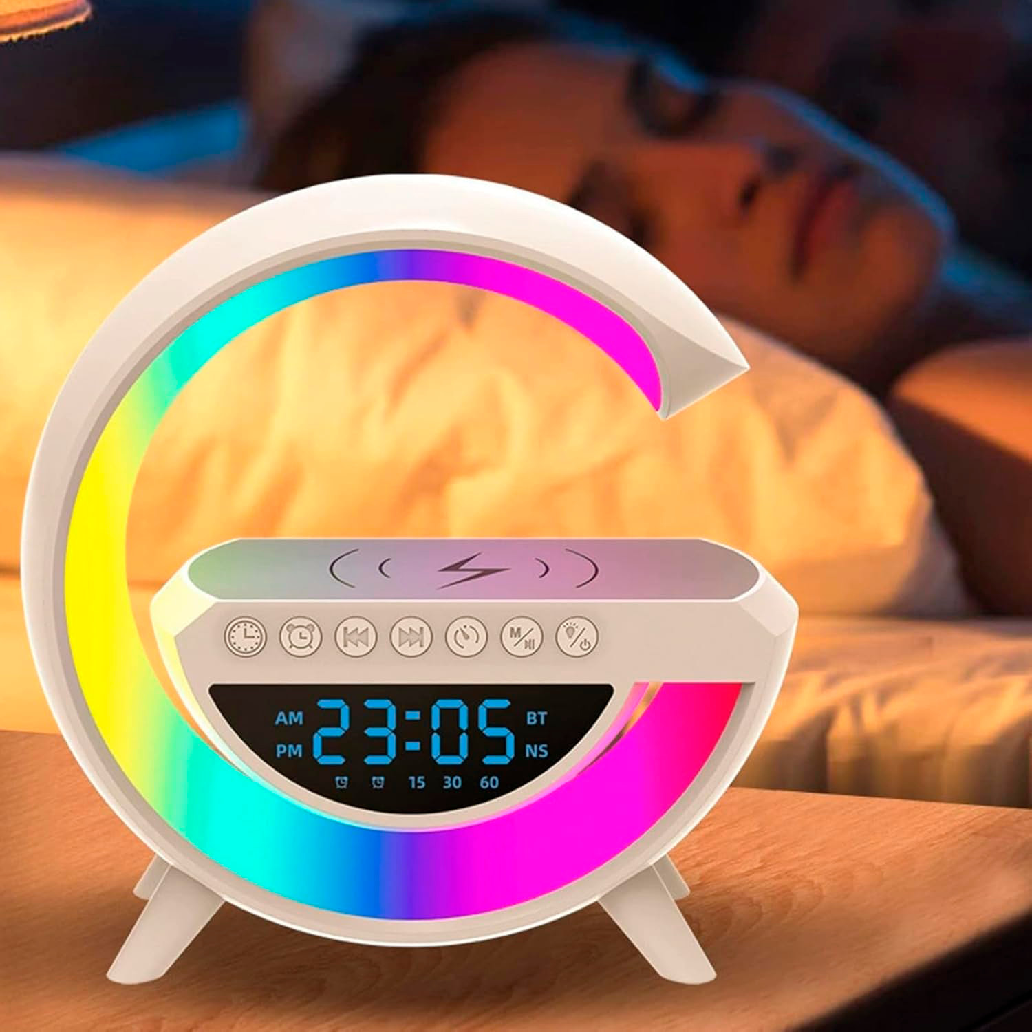 Altoparlante con caricatore wireless da 15W, 13 modalità diverse di illuminazione LED, funzione radio, ingressi per scheda TF e USB.