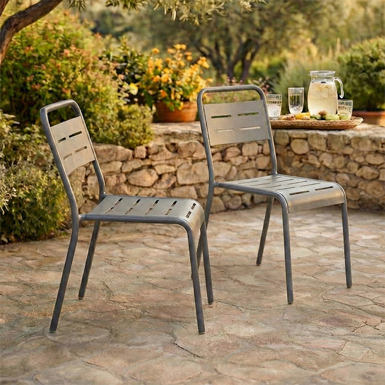 EVORA Lot de 2 chaises de jardin empilables gris foncé