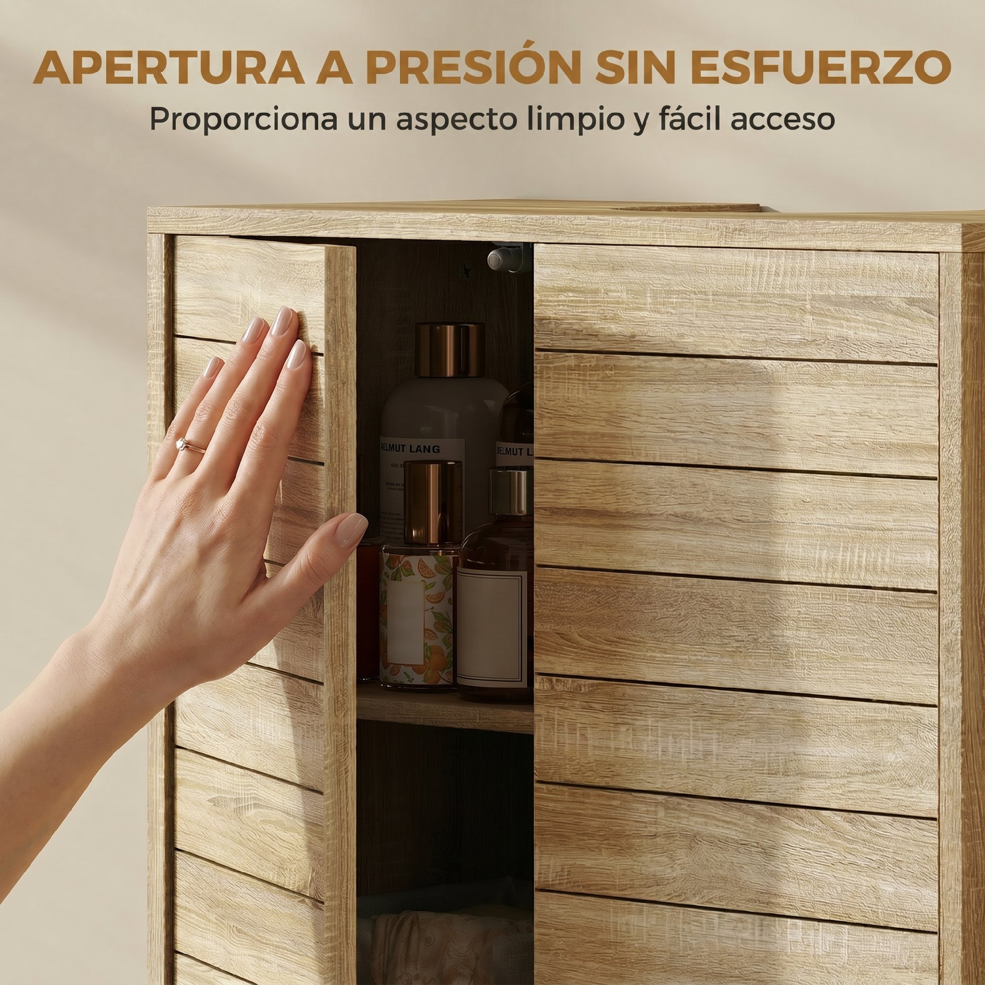 Mueble Bajo Lavabo, Mueble de Baño con Estante Ajustable, Puertas de Listones y Apertura por Presión, para Lavabo con Pedestal o Pared, 60x30x60 cm, Natural