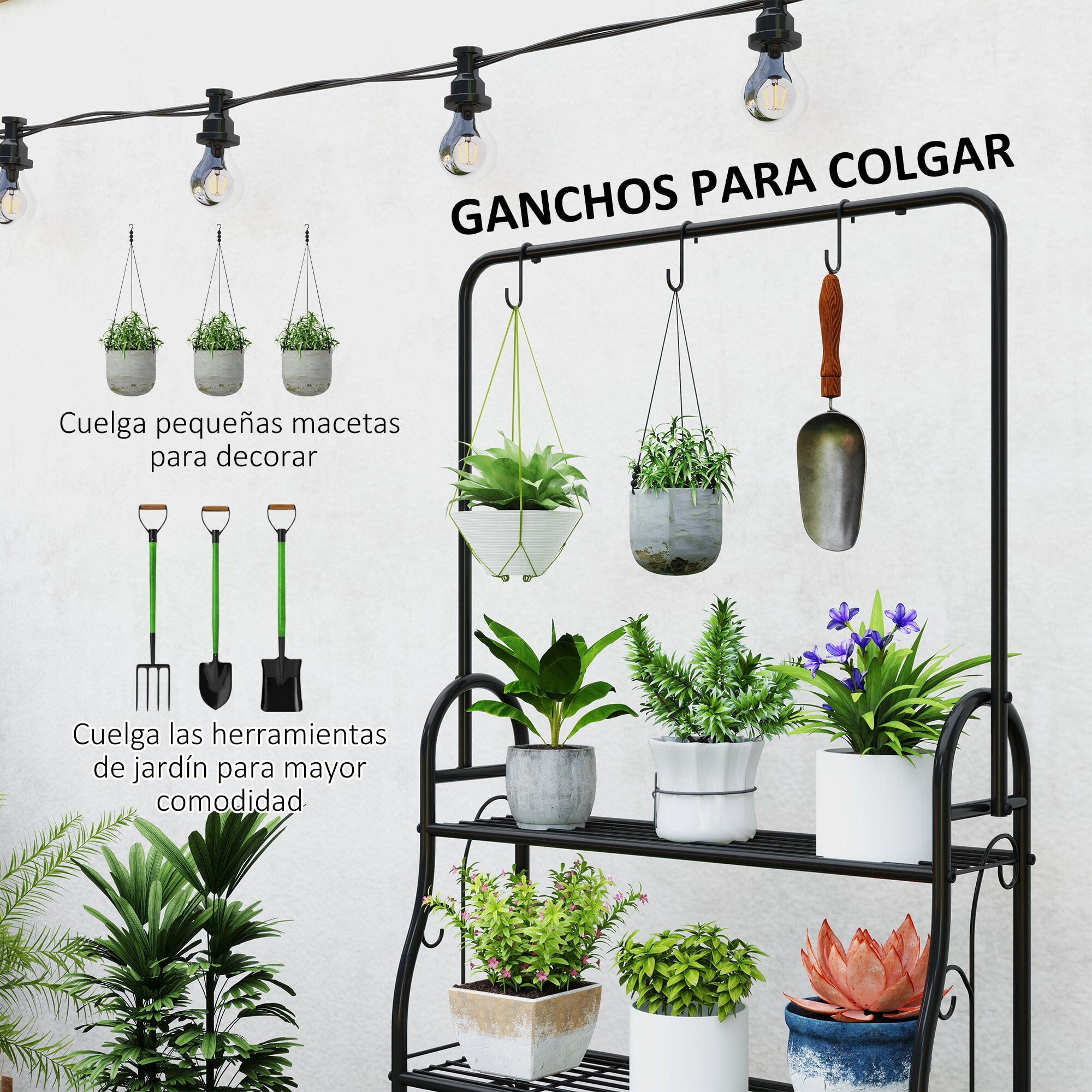 Estantería para Plantas de 3 Niveles Soporte para Plantas con Ganchos de Metal Barra para Colgar Soporte para Macetas para Interior y Exterior Negro