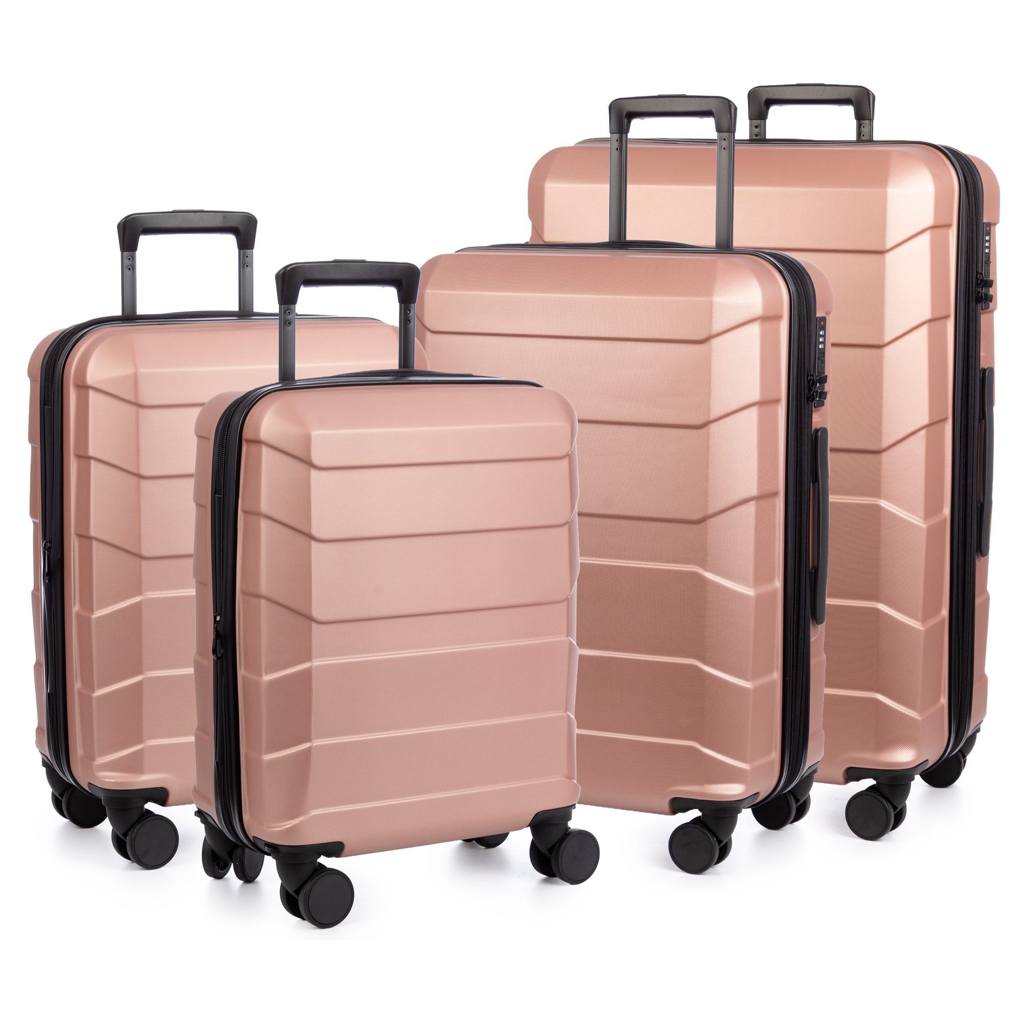 Set di 4 valigie Trolley espandibili, in materiale leggero ABS ad alta resistenza. Chiusura numerica, 4 ruote doppie girevoli a 360°.