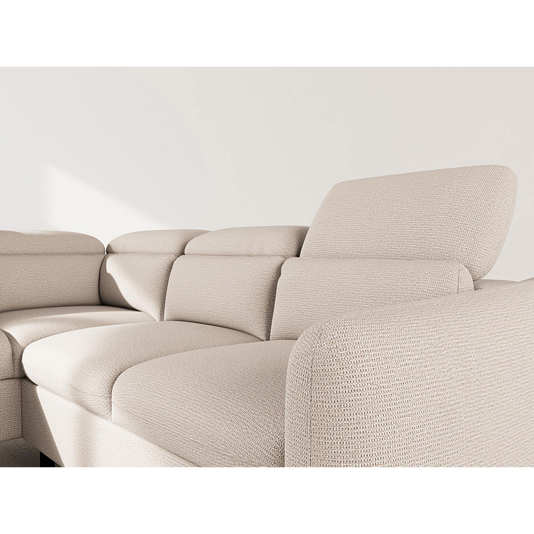 Opaline - Canapé d'angle gauche 5 places convertible avec têtières et coffre en tissu texturé - Beige