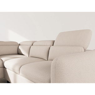 Opaline - Canapé d'angle gauche 5 places convertible avec têtières et coffre en tissu texturé - Beige