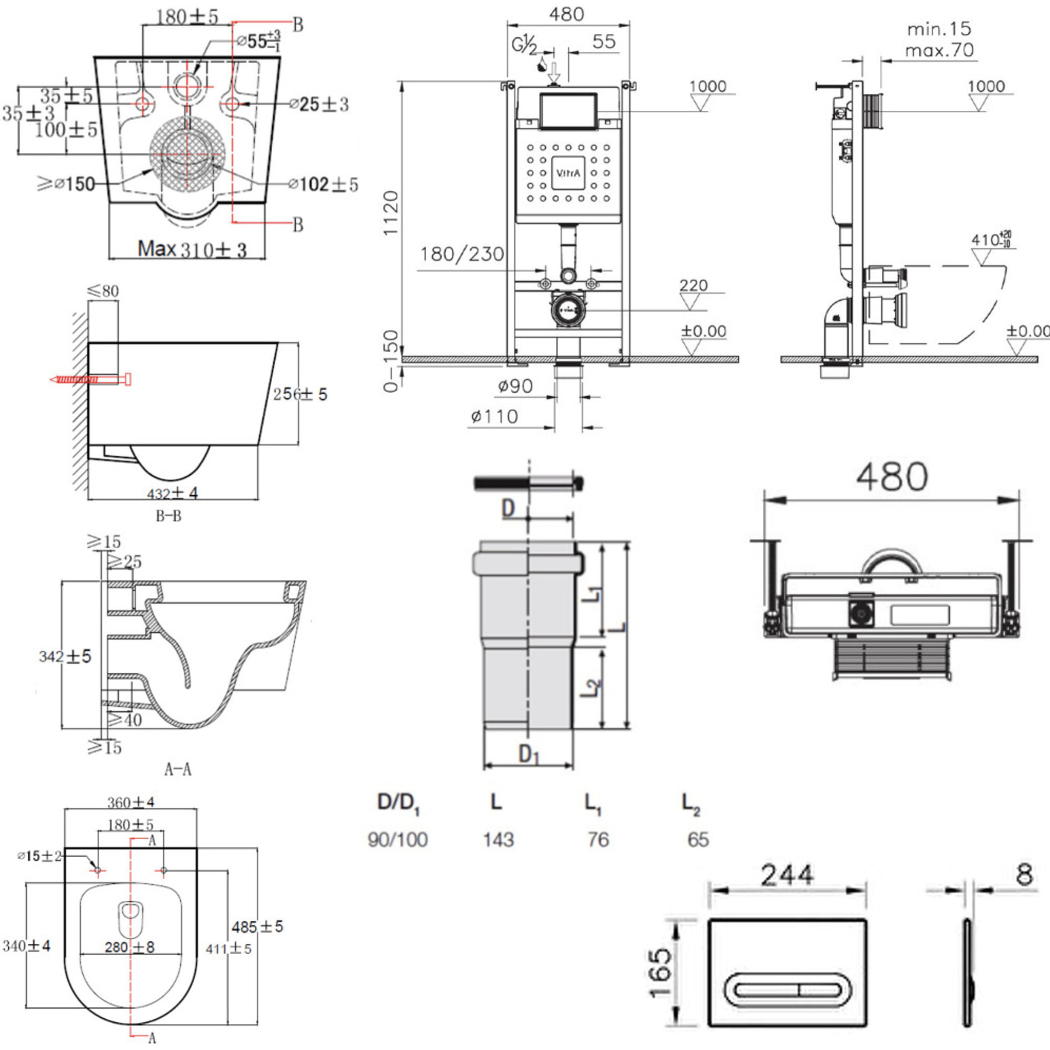 Pack WC Bâti-support V-Fix Core + WC SAT sans bride et fixations invisibles + Plaque Chrome brillant (V-FixSATrimless-8)