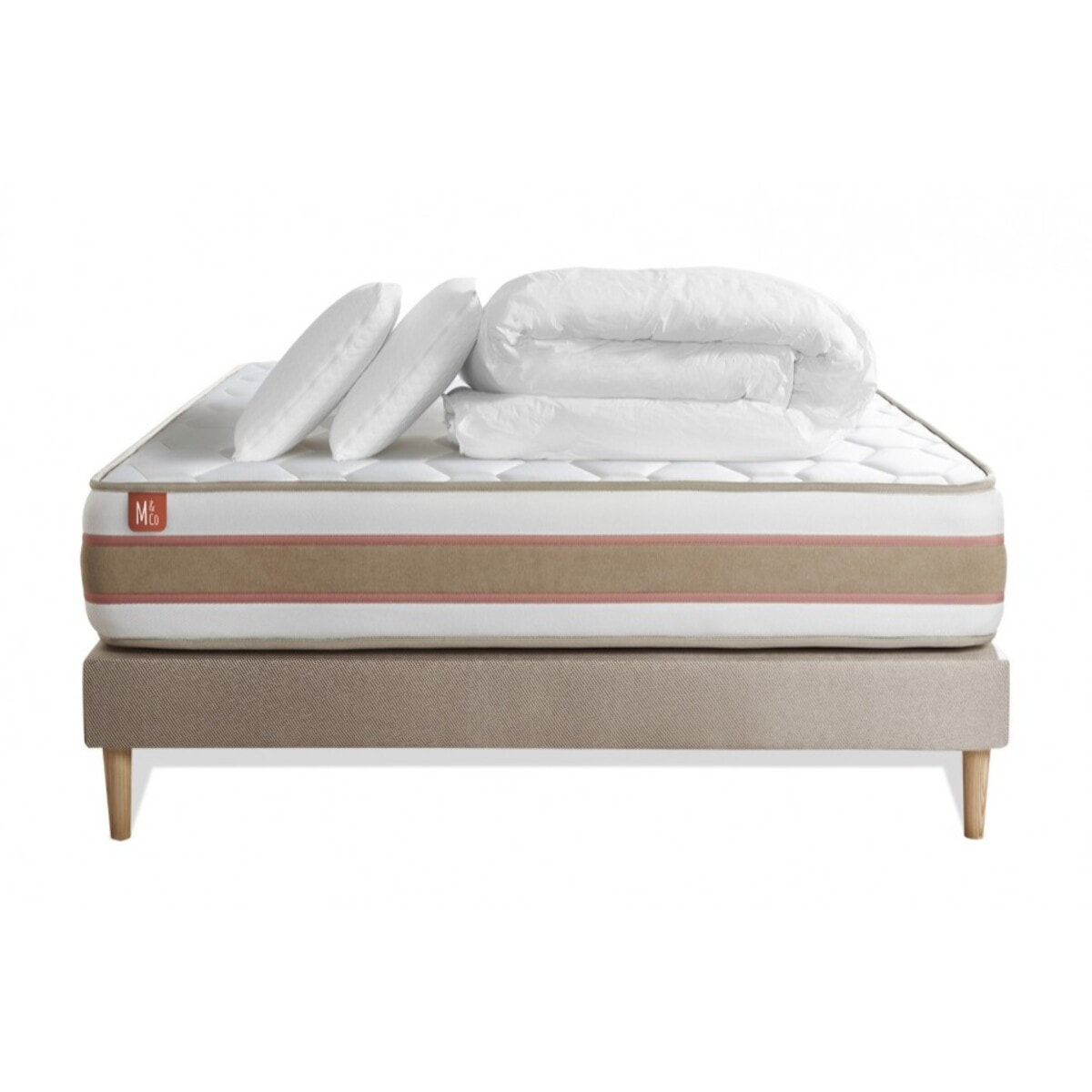 Pack matelas LE DÉLICAT - Ressorts ensachés + Mémoire de forme - Ep. 26 + sommier kit Beige