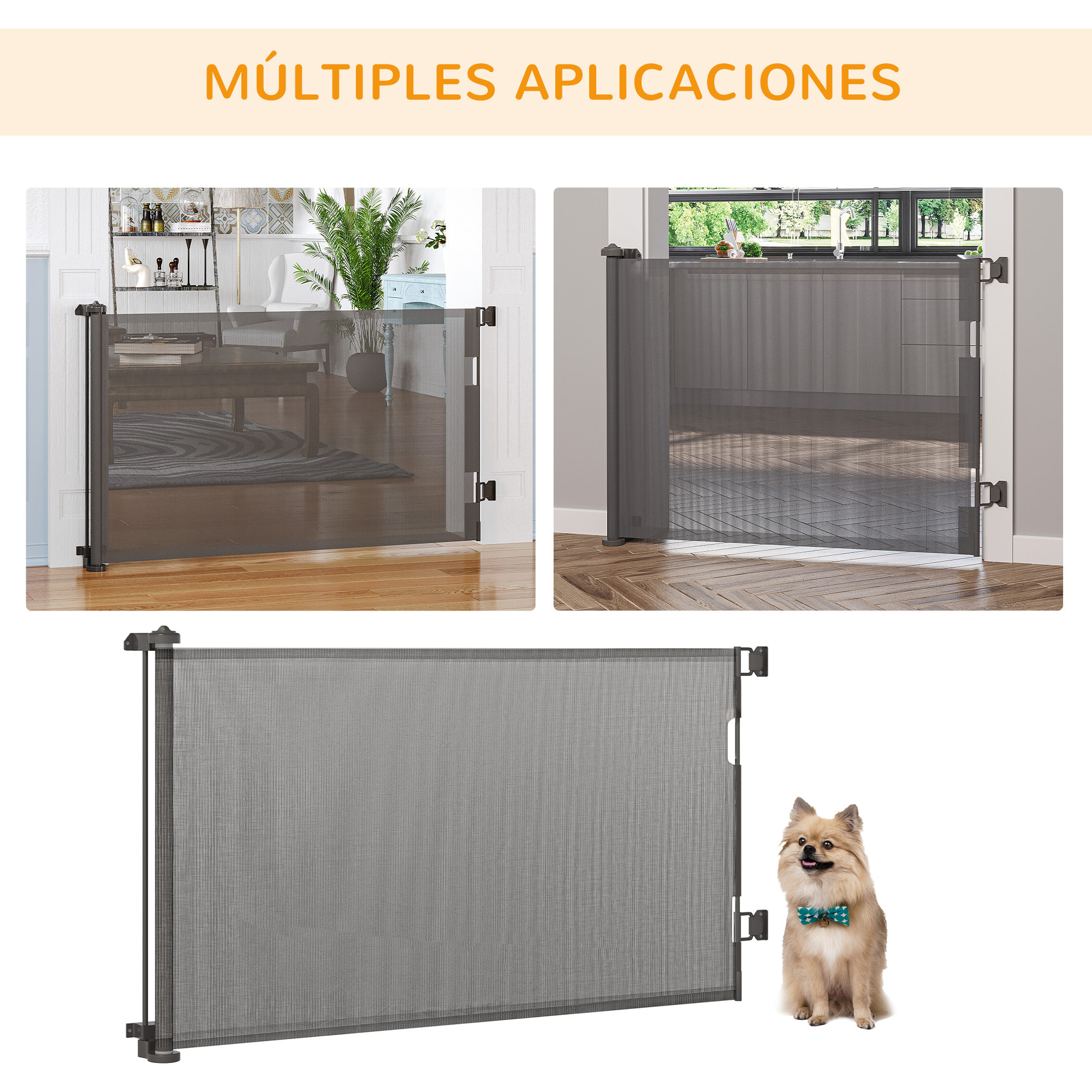 Puerta de Seguridad para Perros y Gatos Extensible 0-150 cm Puerta Retráctil para Mascotas Barrera para Escaleras y Pasillos Aleación de Aluminio 165x10,7x85 cm Gris