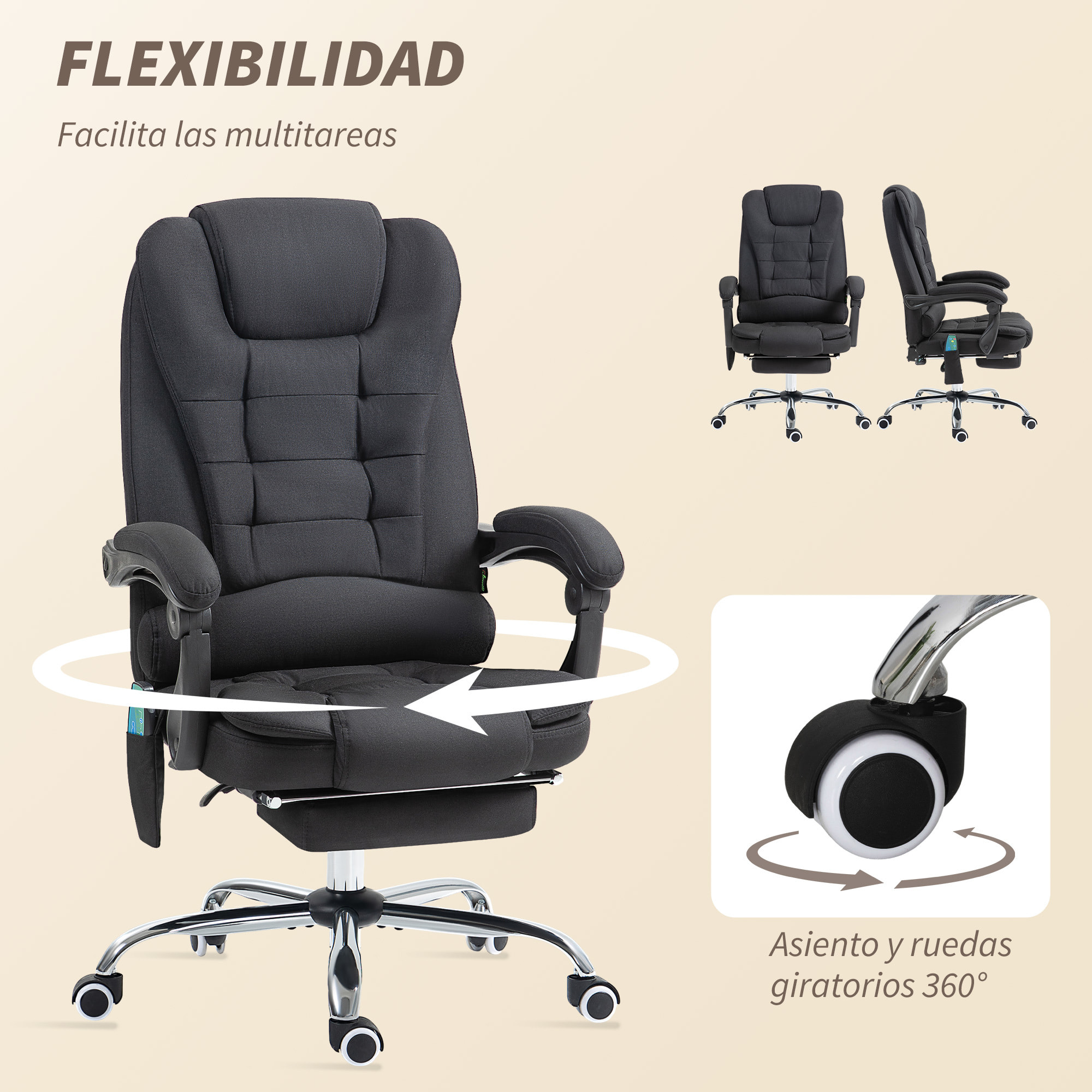 Silla de Oficina con 6 Puntos de Masaje Vibratorio, Silla de Escritorio Giratoria, Respaldo Reclinable 135Âº, Función Calefacción, Reposapiés Retráctil, Altura Ajustable, Control Remoto, Negro