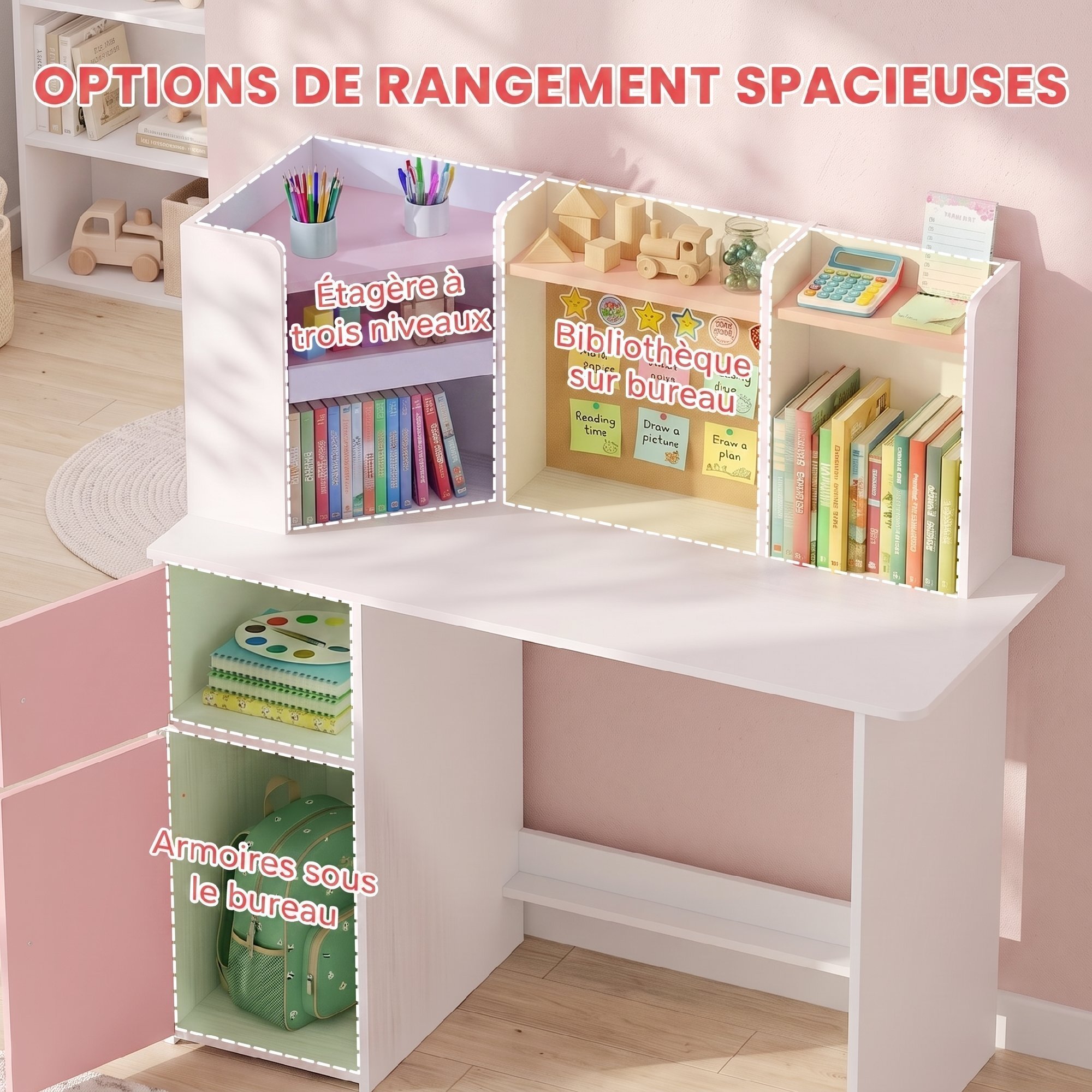 Bureau enfant chaise design multi-rangement avec panneau en liège blanc rose