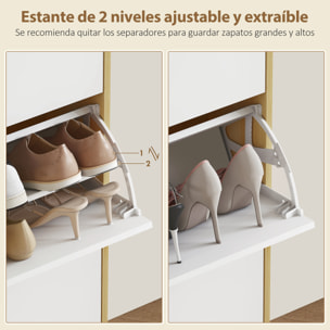 Zapatero Estrecho con 3 Puertas en Blanco Brillo, Zapatero Entrada Recibidor con Estantes Ajustables Patas de Madera, para 18 Pares de Zapatos, 60x24x127 cm Blanco